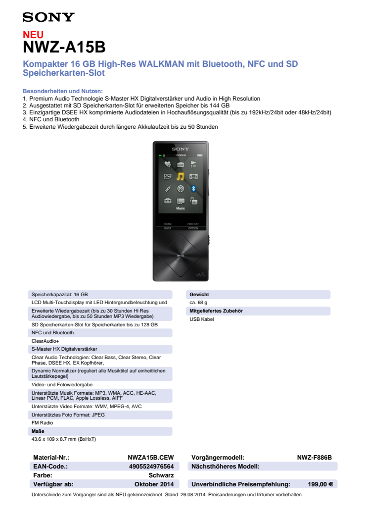 Datenblatt WALKMAN NWZ-A15B von Sony