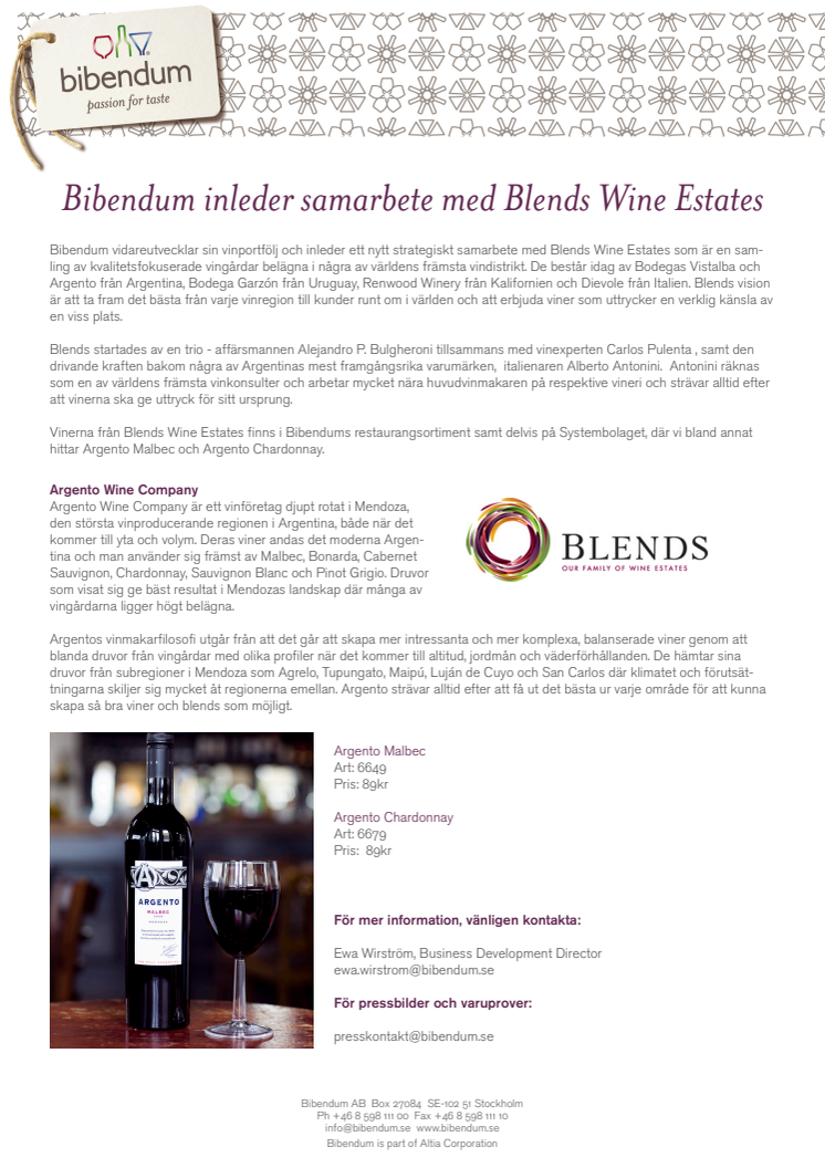 Bibendum inleder samarbete med Blends Wine Estates