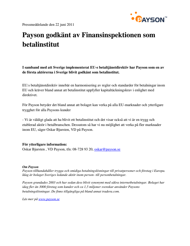 Payson godkänt av Finansinspektionen som betalinstitut