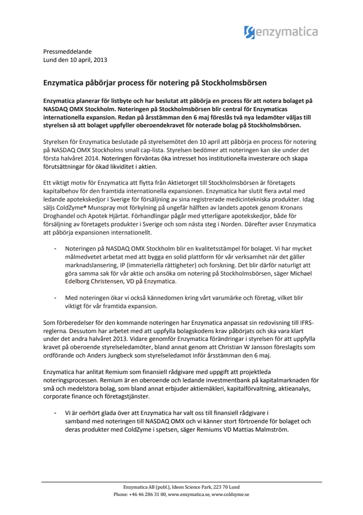Enzymatica påbörjar process för notering på Stockholmsbörsen