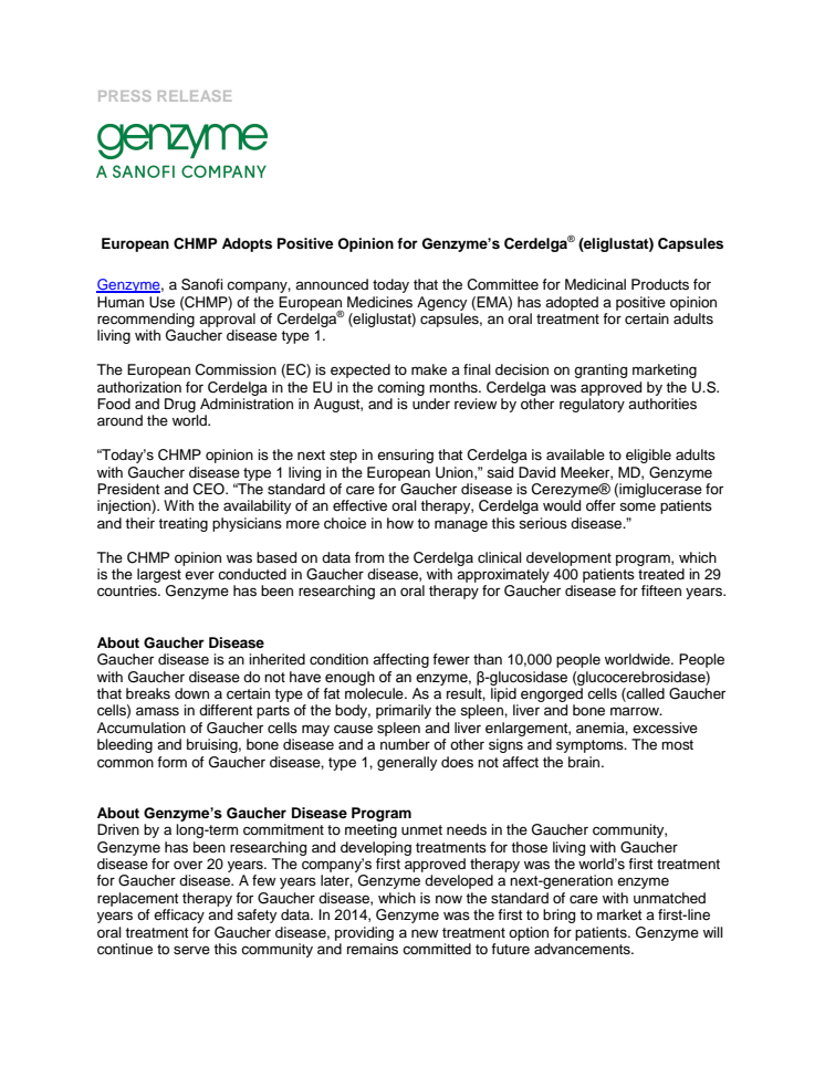 European CHMP Adopts Positive Opinion for Genzyme’s Cerdelga® (eliglustat) Capsules