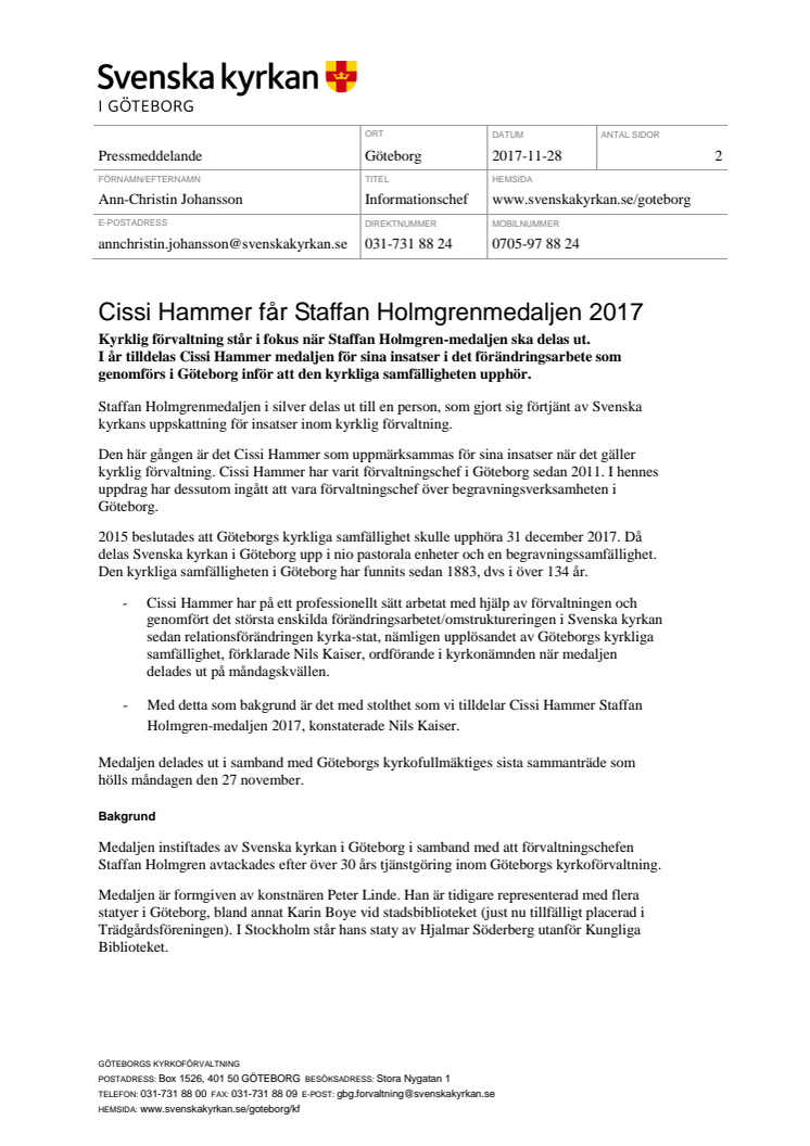 Cissi Hammer får Staffan Holmgrenmedaljen 2017 