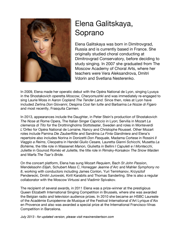 BIO of Elena Galitskaya, Soprano, Servilia in La Clemenza di Tito, Drottningholms Slottsteater 2013