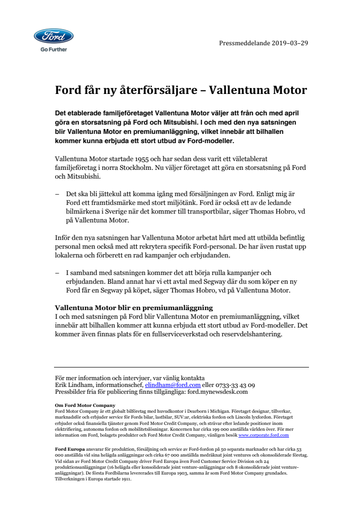 Ford får ny återförsäljare – Vallentuna Motor