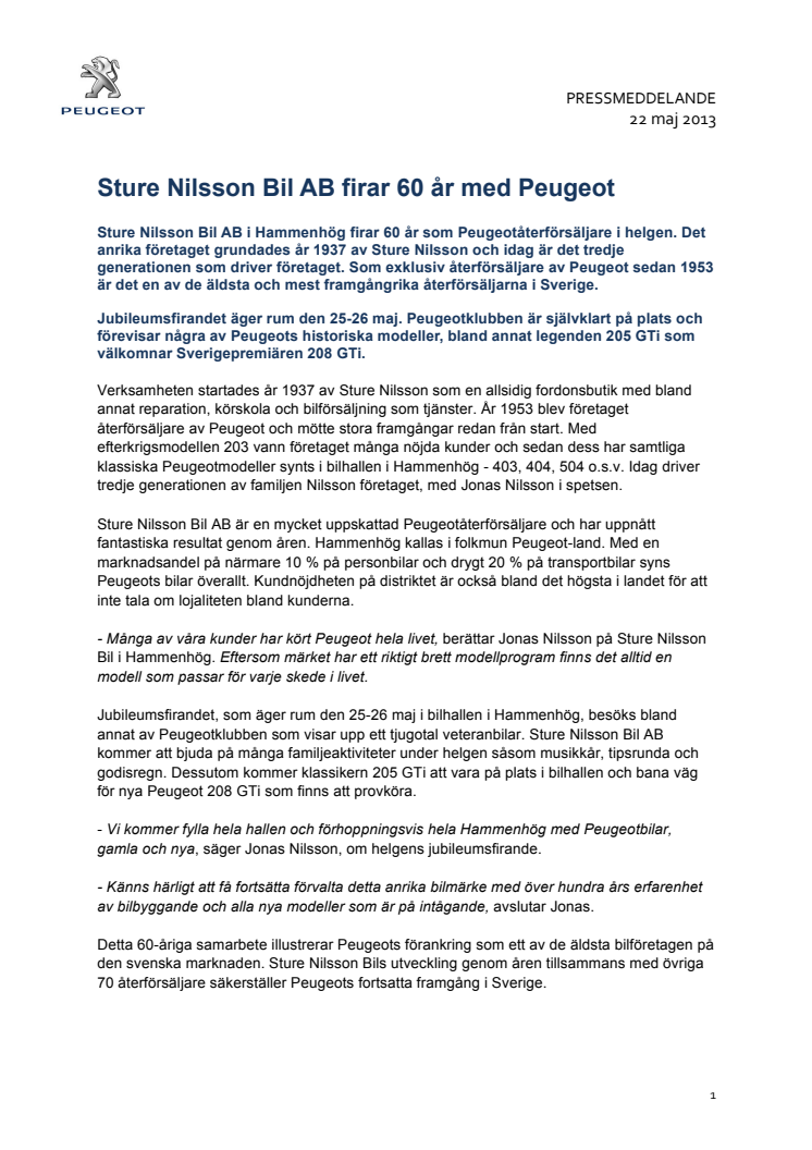 Sture Nilsson Bil AB firar 60 år med Peugeot
