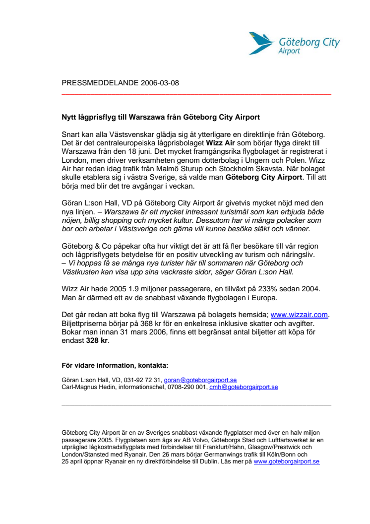 Nytt lågprisflyg till Warszawa från Göteborg City Airport