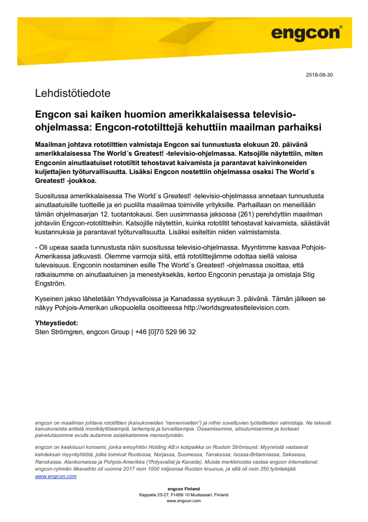 Engcon sai kaiken huomion amerikkalaisessa televisio-ohjelmassa: Engcon-rototilttejä kehuttiin maailman parhaiksi