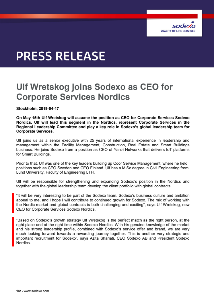 Ulf Wretskog joins Sodexo as CEO for Corporate Services Nordics