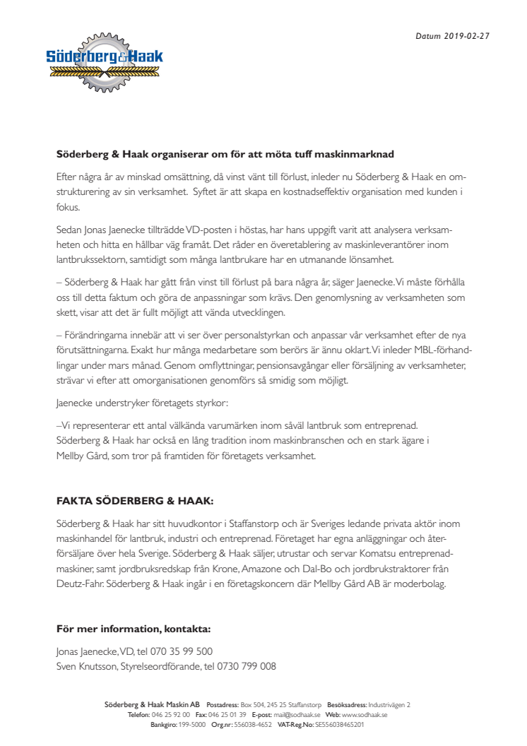 Söderberg & Haak organiserar om för att möta tuff maskinmarknad