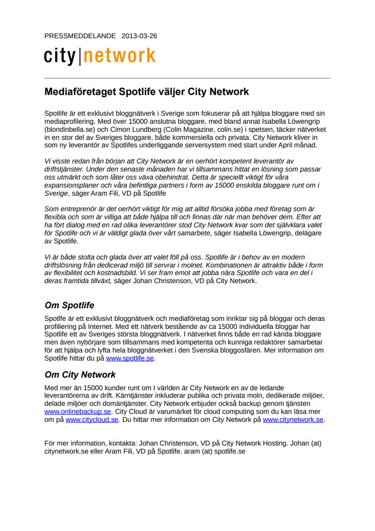 Mediaföretaget Spotlife väljer City Network