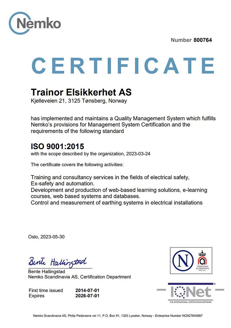 ISO 9001 Certificate Nemko