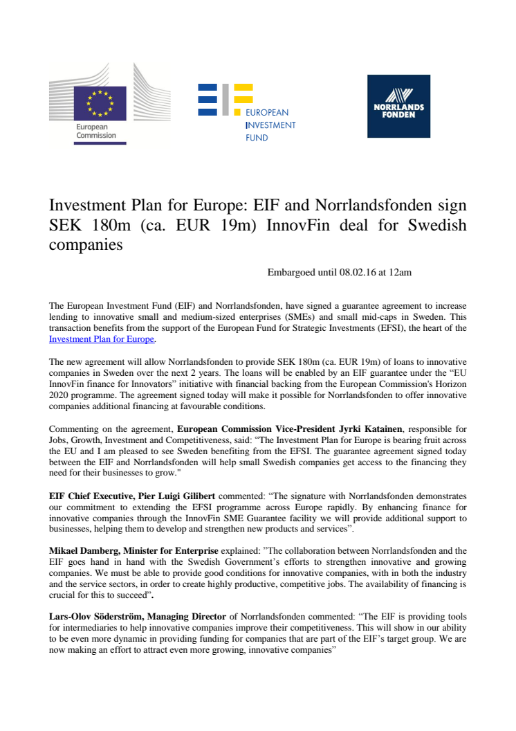 pressrelease EIF (En halv miljard till investeringar via Norrlandsfonden tack vare EIF)
