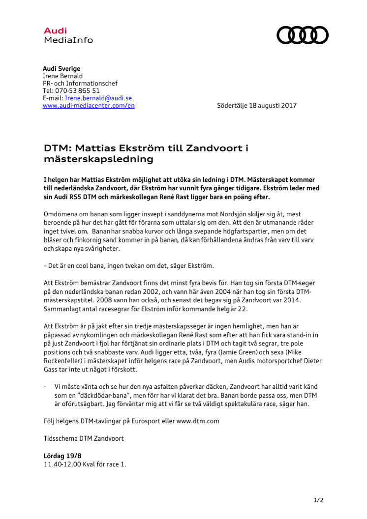 DTM: Mattias Ekström till Zandvoort i mästerskapsledning