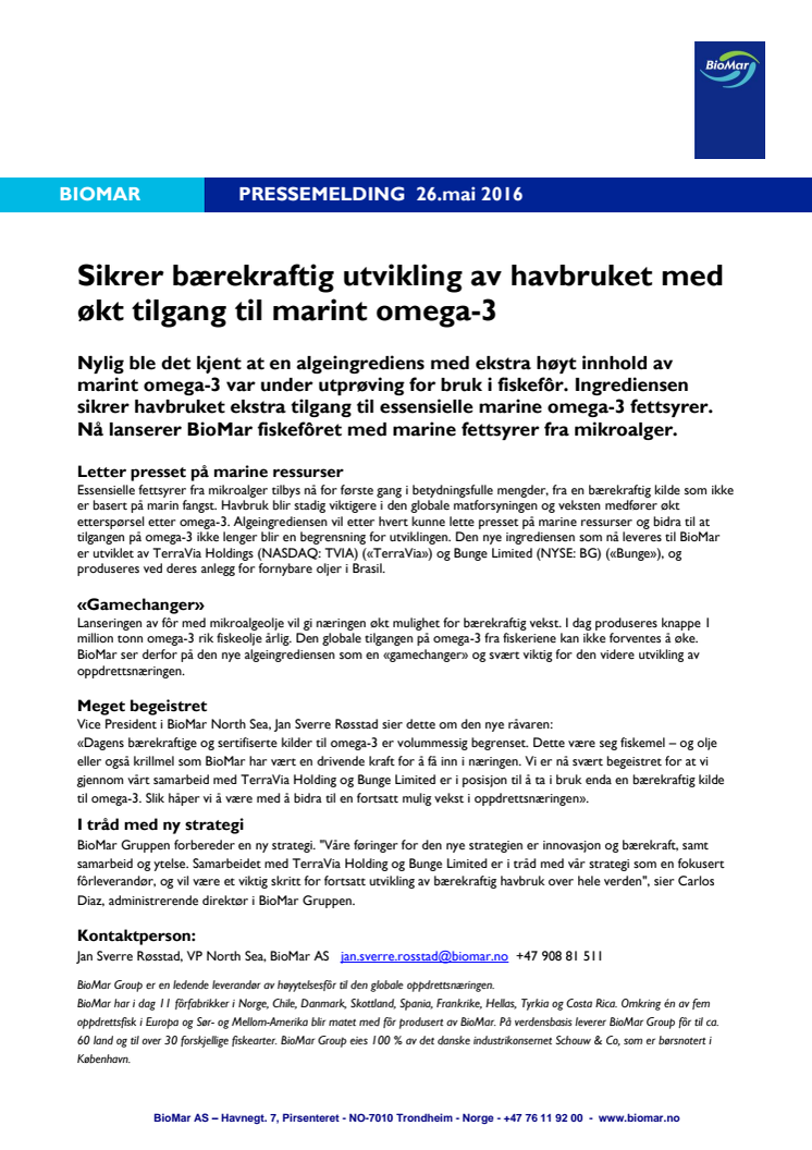 Sikrer bærekraftig utvikling av havbruket med økt tilgang til marint omega-3
