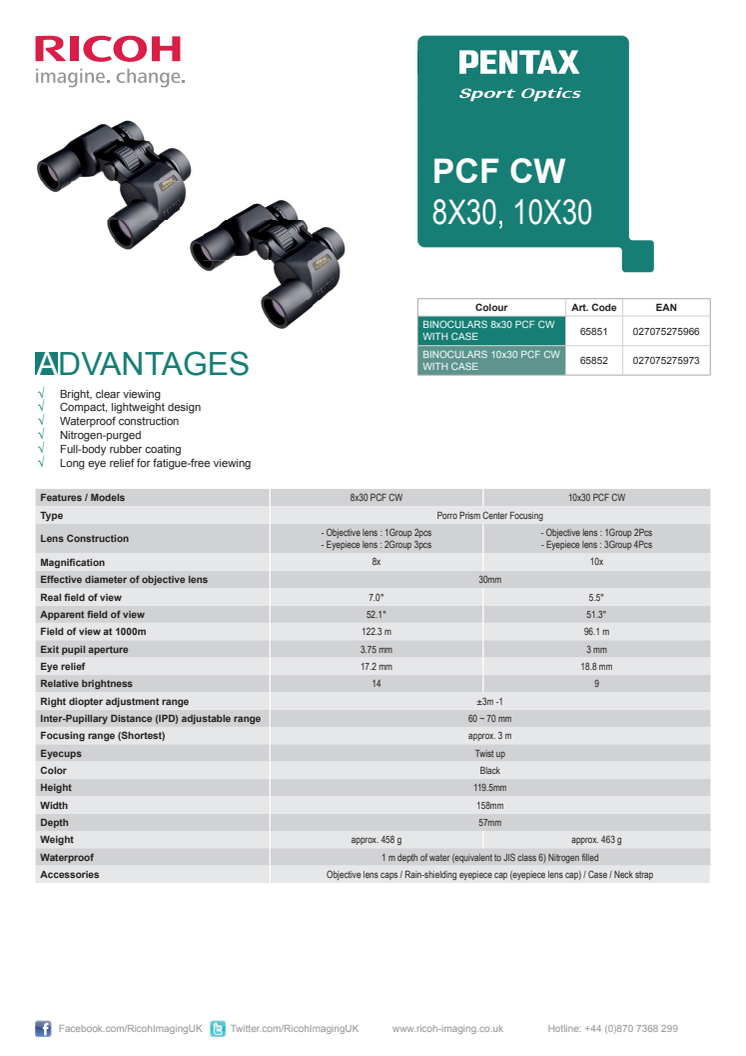 Pentax PCF CW specifikationer