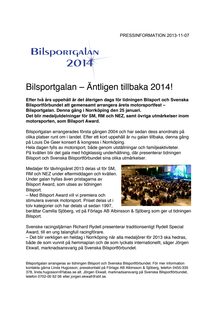 Bilsportgalan – Äntligen tillbaka 2014!
