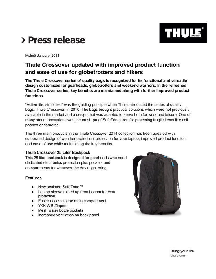Thule Crossover updated with improved product function and ease of use for globetrotters and hikers