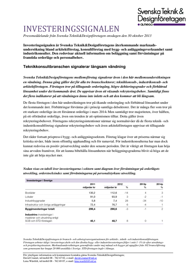 Pressmeddelande Investeringssignalen, oktober 2013