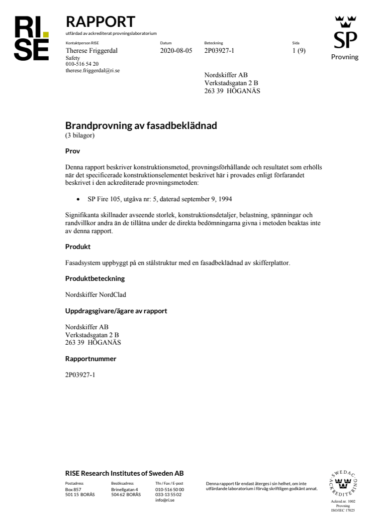Brandtest SPFire105 Takskiffer NordClad Nordskiffer Rapport RISE 200805