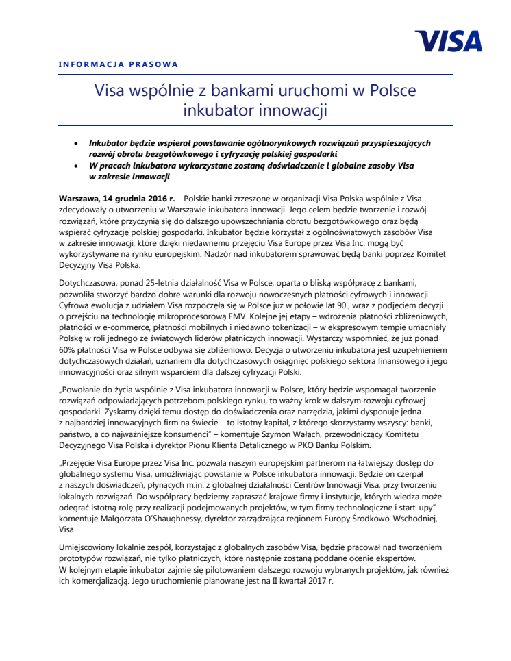 Visa wspólnie z bankami uruchomi w Polsce inkubator innowacji