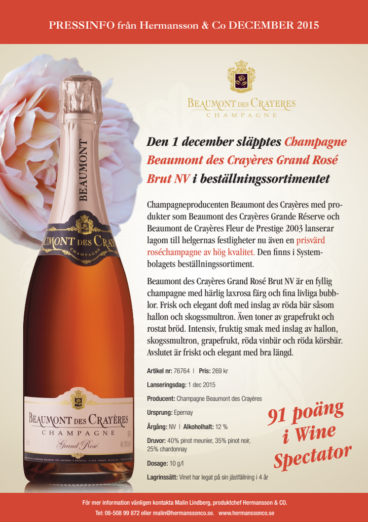 Nyhet! Champagne Beaumont des Crayères Grand Rosé Brut NV i beställningssortimentet!