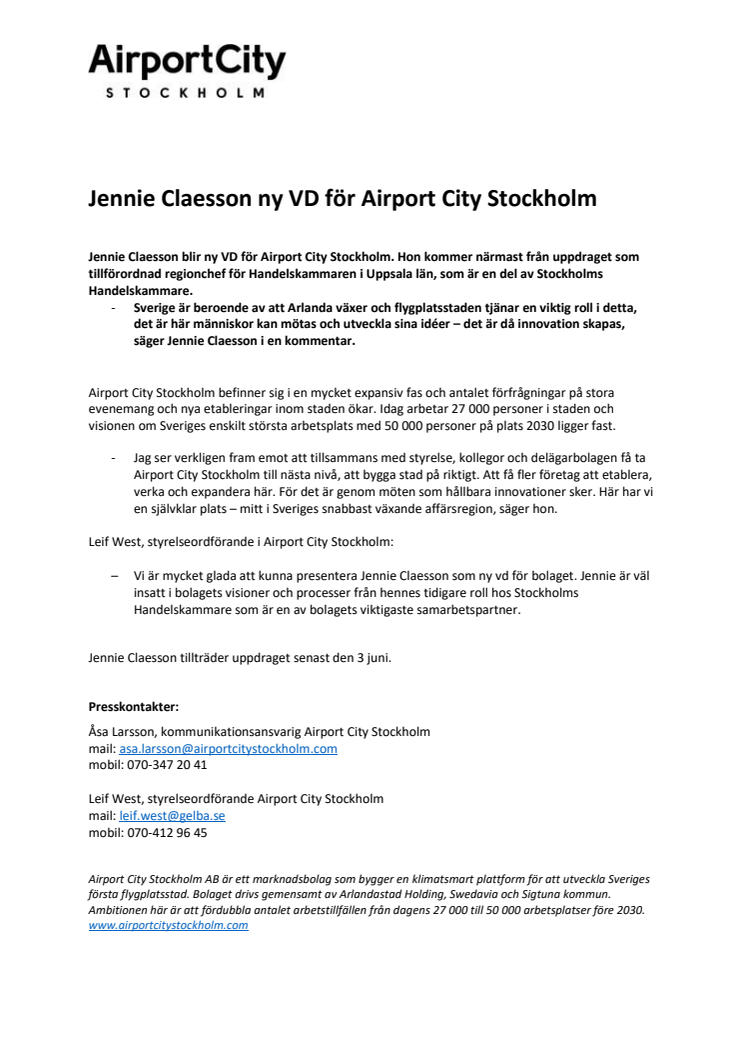 Jennie Claesson ny VD för Airport City Stockholm