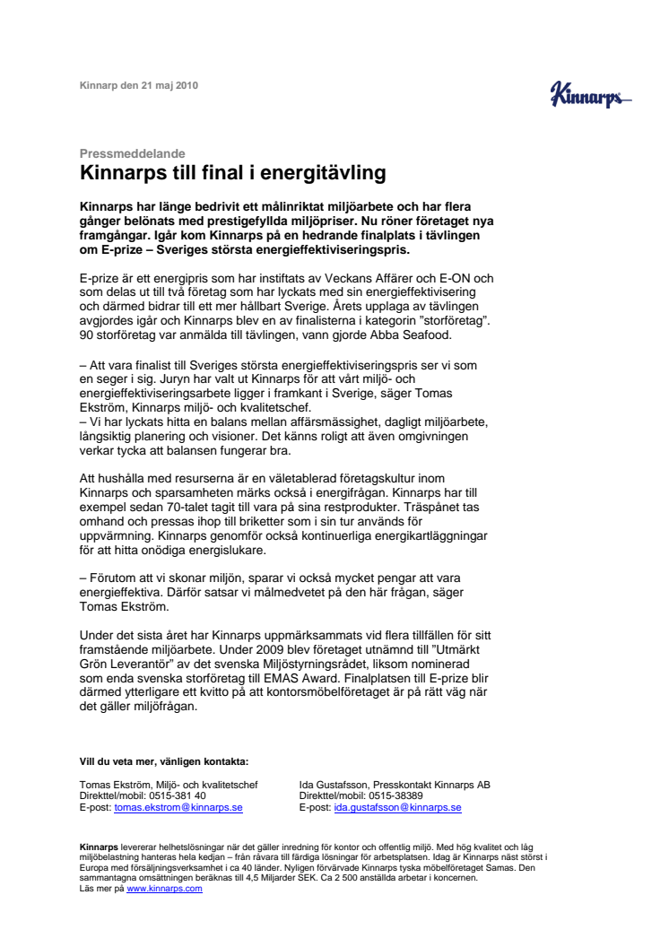 Kinnarps till final i energitävling