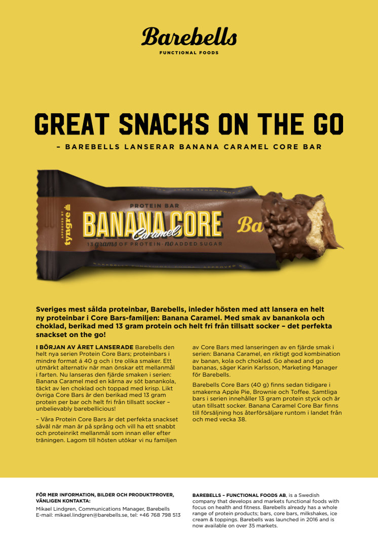 Pressmeddelande Barebells Banana Caramel Core Bar 