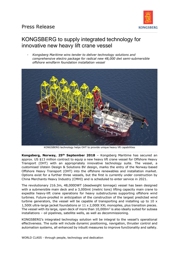 Kongsberg Maritime: KONGSBERG to supply integrated technology for innovative new heavy lift crane vessel