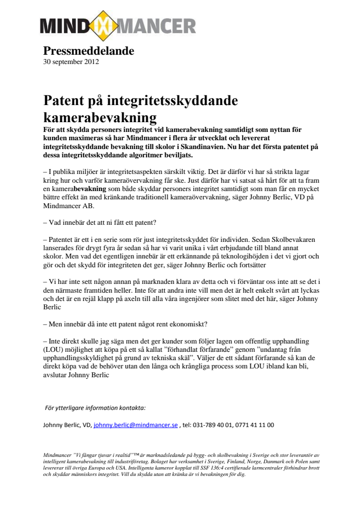 Mindmancer får patent på integritetsskyddande kamerabevakning
