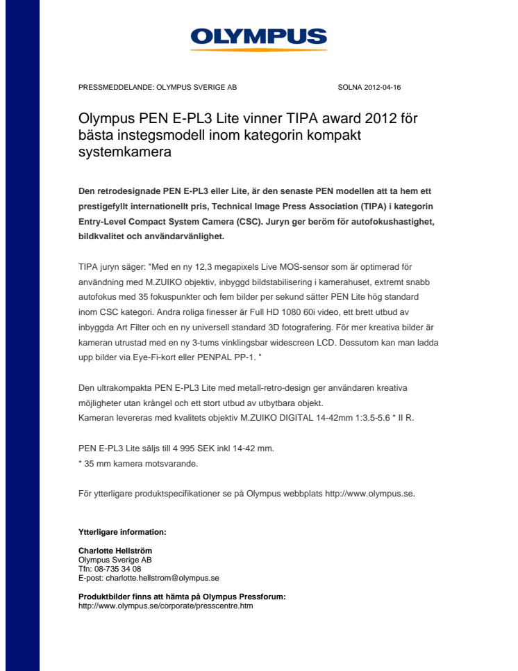 Olympus PEN E-PL3 Lite vinner TIPA award 2012 för bästa instegsmodell inom kategorin kompakt systemkamera 