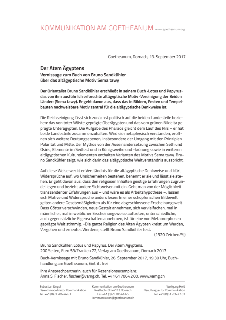 Der Atem Ägyptens. Vernissage zum Buch von Bruno Sandkühler über das altägyptische Motiv Sema tawy