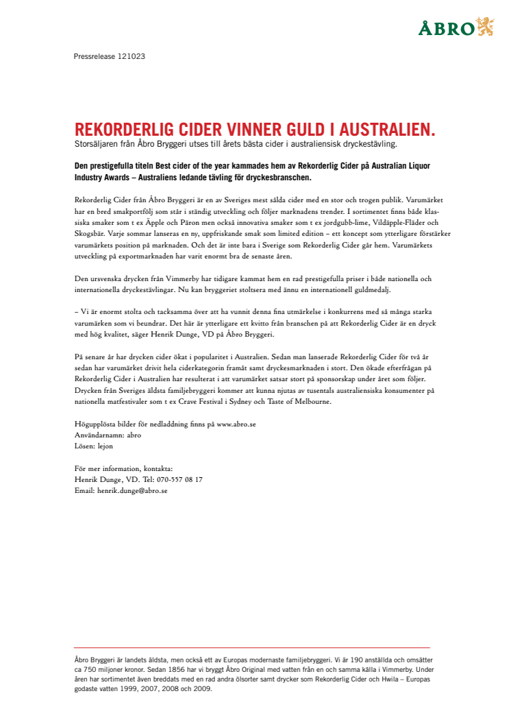 Rekorderlig Cider vinner guld i Australien