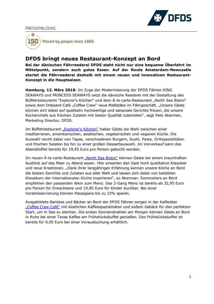 DFDS bringt neues Restaurant-Konzept an Bord 