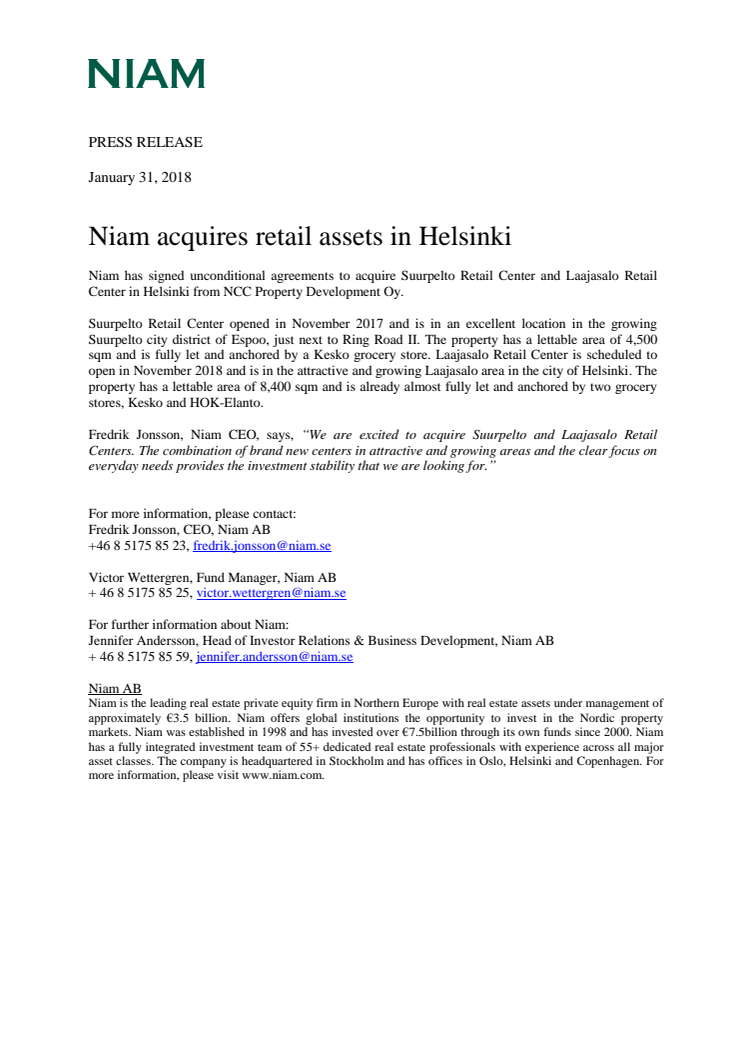 Niam acquires retail assets in Helsinki