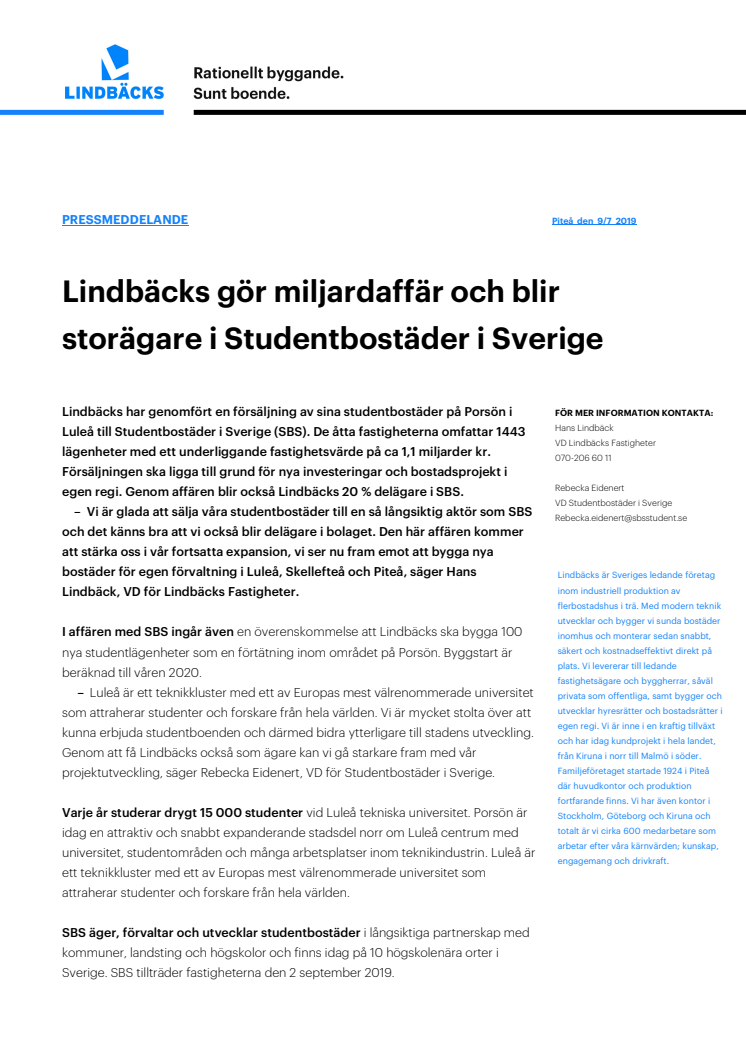 Lindbäcks gör miljardaffär och blir storägare i Studentbostäder Sverige