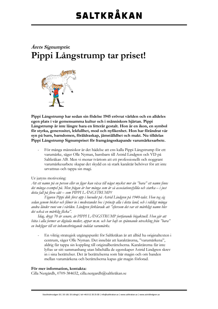 Årets Signumpris: Pippi Långstrump tar priset!