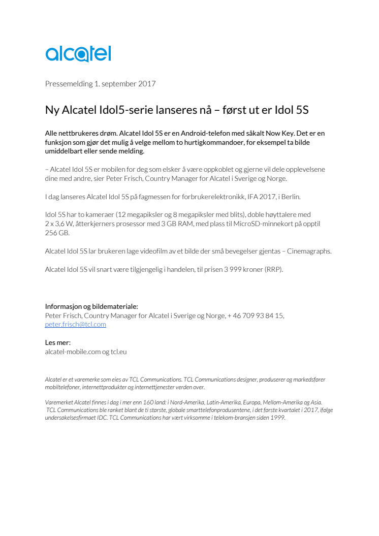 Ny Alcatel Idol5-serie lanseres nå – først ut er Idol 5S