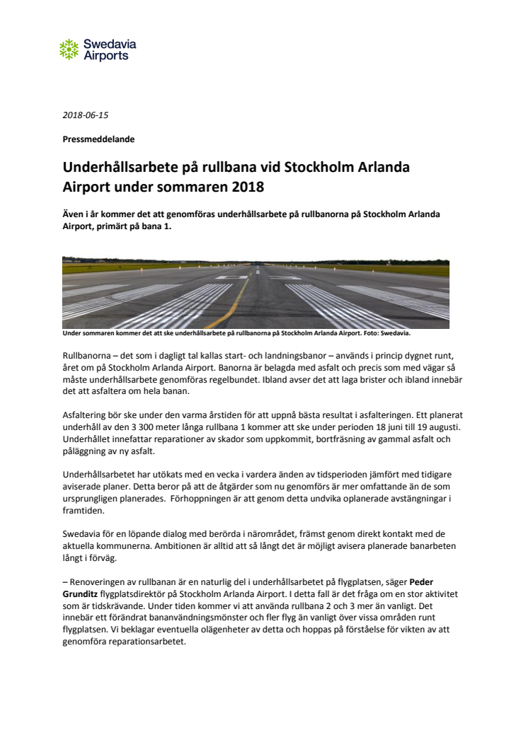 Underhållsarbete på rullbana vid Stockholm Arlanda Airport under sommaren 2018