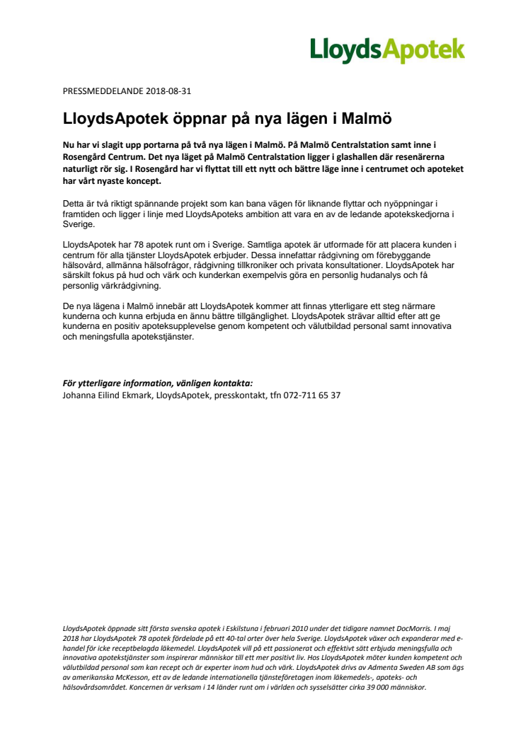 LloydsApotek öppnar på nya lägen i Malmö