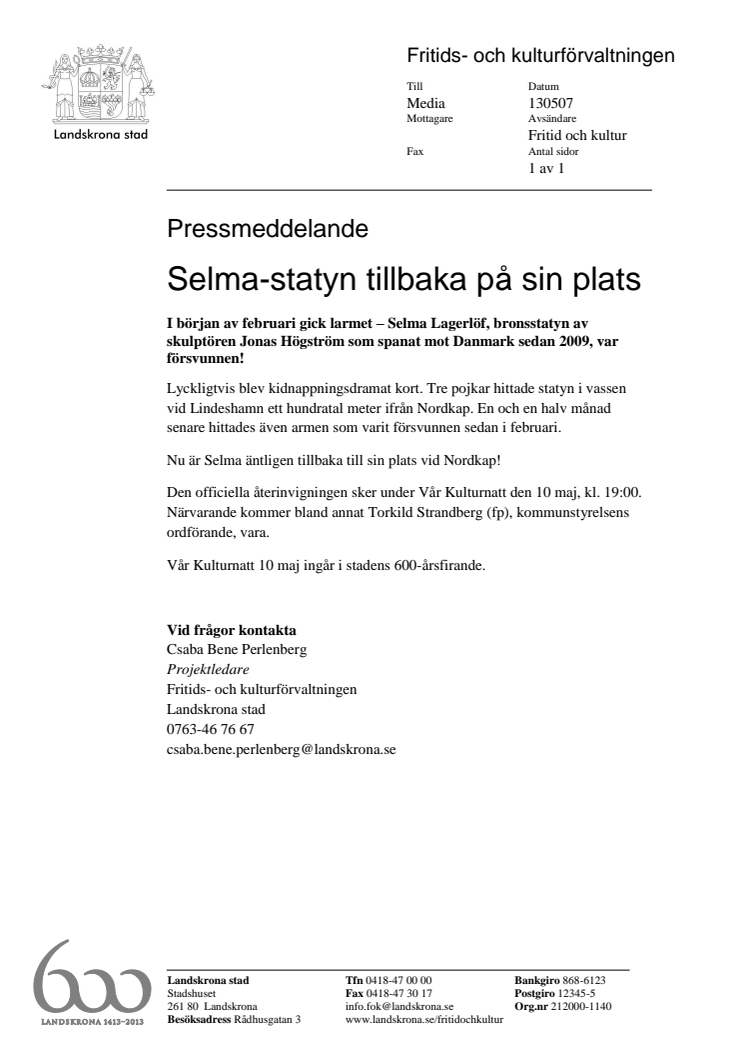 Selma-statyn tillbaka på sin plats