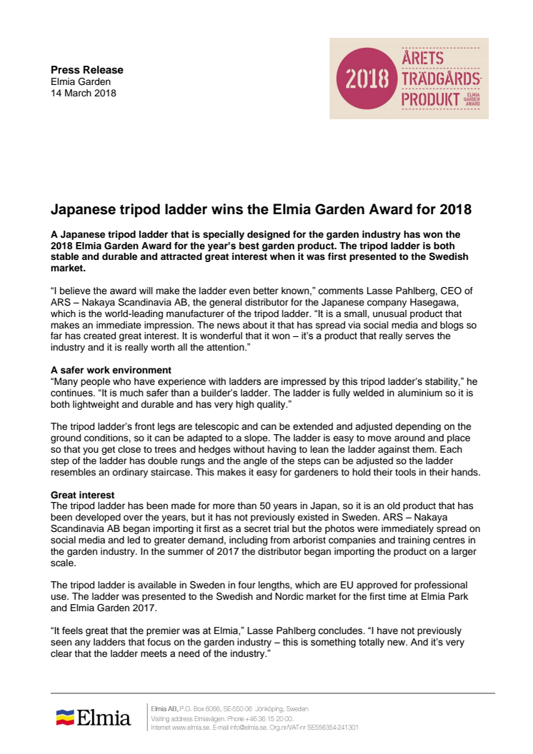 Japanese tripod ladder wins the Elmia Garden Award for 2018