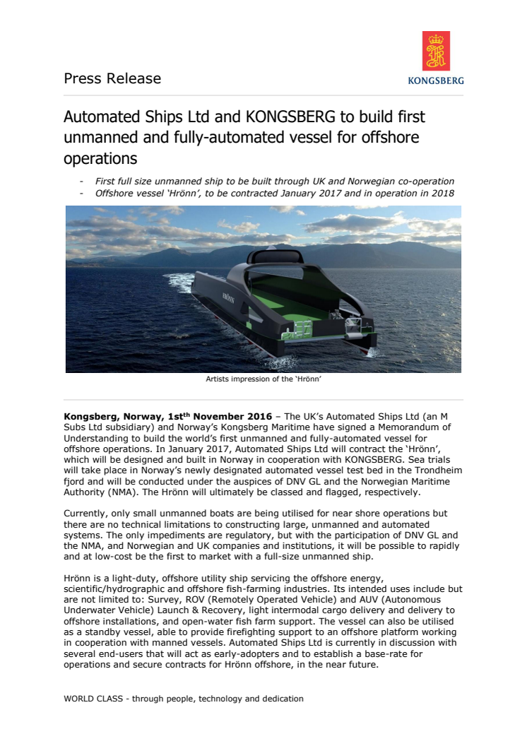 Kongsberg Maritime: Automated Ships Ltd and KONGSBERG to build first unmanned and fully-automated vessel for offshore operations