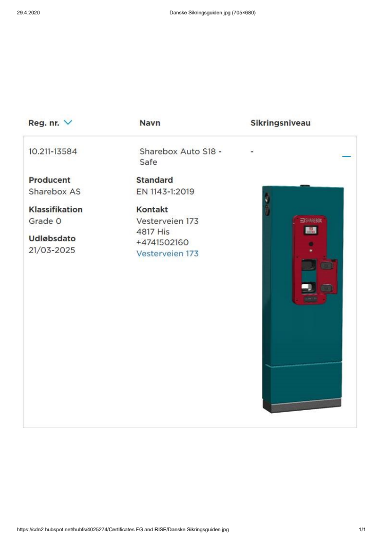 Registrering i Dansk Sikringsguide, Sharebox Auto S18 - Safe