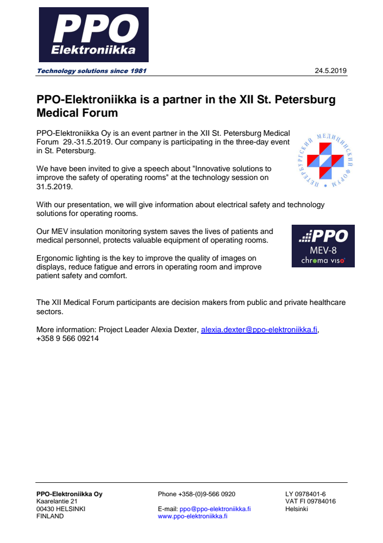 PPO-Elektroniikka is a partner in the XII St. Petersburg Medical Forum