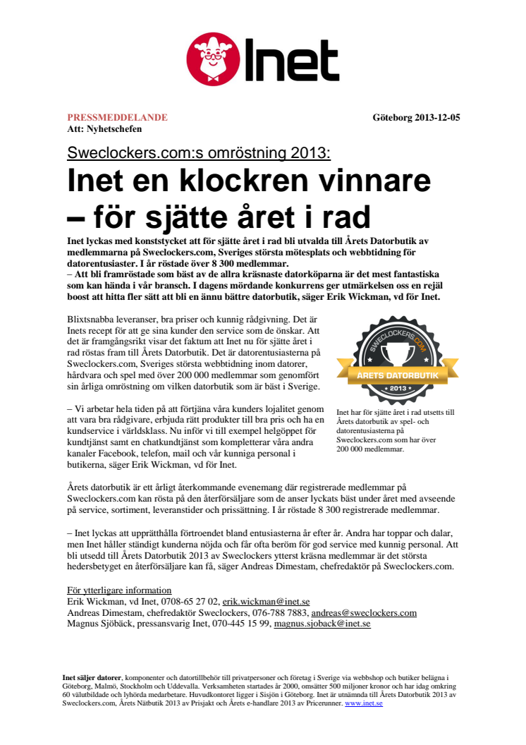 Inet en klockren vinnare  – för sjätte året i rad 