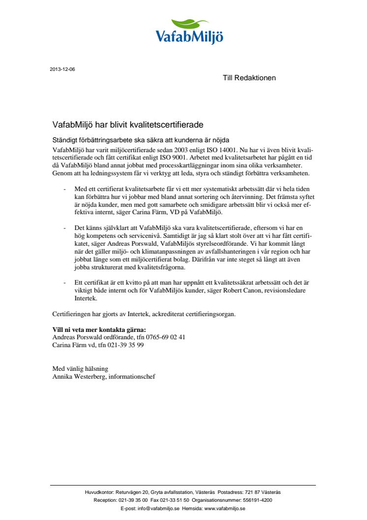 VafabMiljö har blivit kvalitetscertifierade