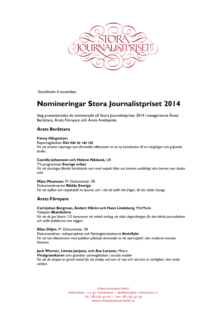 De kan vinna Stora Journalistpriset 2014