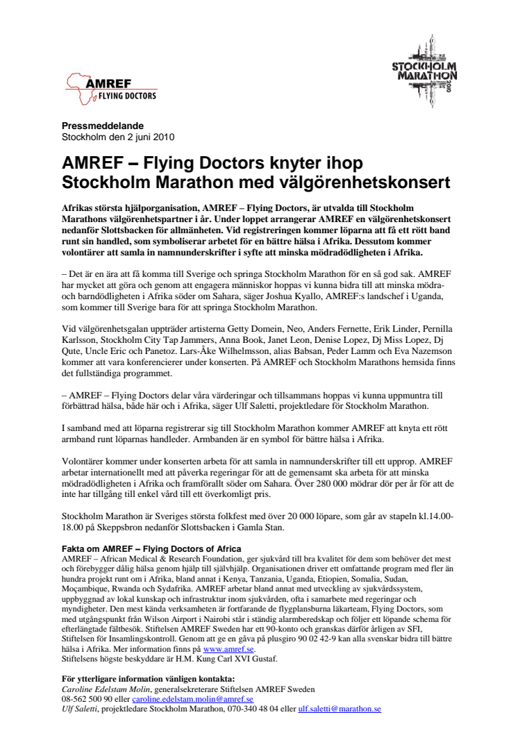 AMREF – Flying Doctors knyter ihop Stockholm Marathon med välgörenhetskonsert