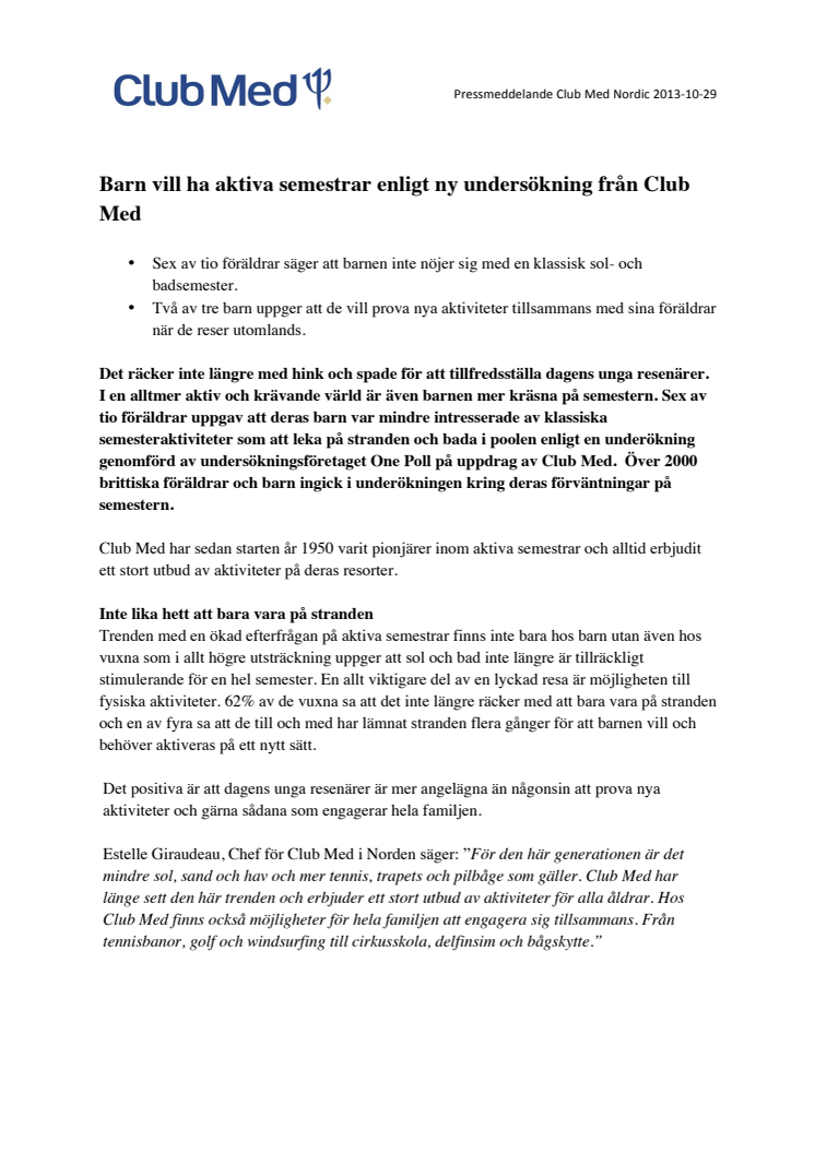 Barn vill ha aktiva semestrar enligt ny undersökning från Club Med